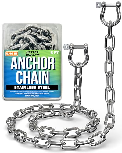 Stainless Steel Anchor Chain, Marine Grade Boat Accessories with Double Shackle Link Ends, 5 Ft Length, 5/16" Width for Boats