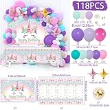 Unicorn Birthday Decorations for Girls,118pcs Unicorn Theme Birthday Party Supplies with Unicorn Balloon Garland Arch Kit Unicorn Backdrop and Tablecloth for Girls Women Birthday Decorations