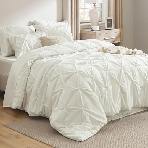 Bedsure Twin Comforter Set Ivory - Bed in a Bag Twin Size 5 Pieces, GentleSoft™ Pintuck Bed Set Gift for Family, Pinch Pleat Ivory Comforter with Sheets, Pillowcase & Sham