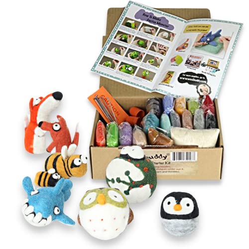 Woolbuddy Needle Felting Kit - Starter Craft Kit with 6 Cute Animals, Includes Wool, Pad, Needles, and Instructions for Beginners Adult