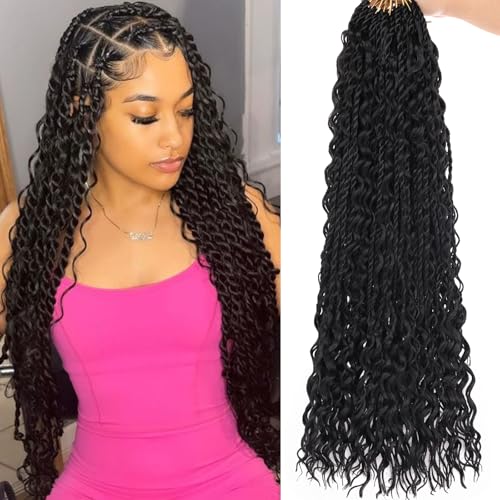 RuiYok 18 Inch Natural Black Senegalese Twist Crochet Hair with Curly Ends 9 Packs Boho Island Twist Crochet Braids Pre-Looped Goddess Twist Crochet Hair for Black Women Braiding Hair Extensions 1B#