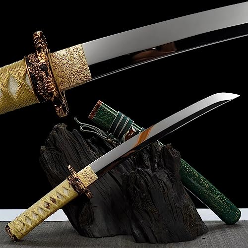 Authentic Japanese Tanto Battle Ready Mirror Blade Samurai Sword Short Japanese Sword Razor Sharp,Real Horn Saya,Copper Tsuba Fittings, Cool Weapon for Men Women,Gold Green