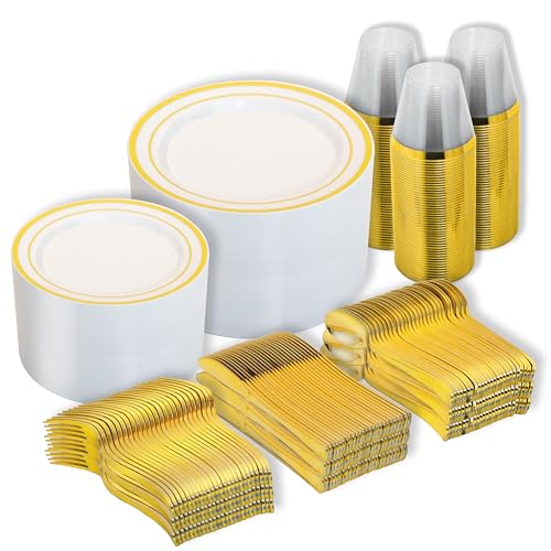 N9R 600PCS Disposable Plastic Plates, Gold Plastic Dinnerware Set Includes 100 Dinner Plates, Dessert Plates, Cups, Spoons, Forks, Knives for 100 Guests, Perfect for Party, Wedding, Birthday