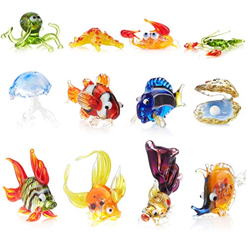 Set of 12 Aquarium Decorations Glass Figurines - Handmade Colorful Glass Water Animal Figure Fish Tank Realistic Decor Ornaments