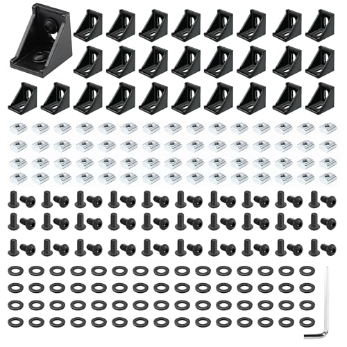 PETOX 30 Set Black 2020 Series Aluminum Extrusion Profile Connector, Includes 1pc Wrench, 30pcs 2028 Corner Bracket, 60pcs T-Slot Sliding Nuts and M5 Hex Screw Bolt for 20S Aluminum Rail Accessories