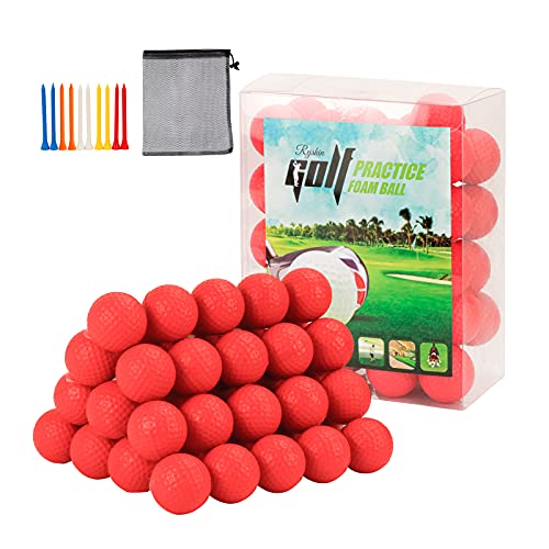 REYSHIN 50 Packs Foam Golf Practice Balls - Realistic Feel and Long Lasting Limited Flight - Soft for Indoor or Outdoor Training, Multipurpose Nylon Drawstring Sack and 10 PCS Golf Tees (H03)