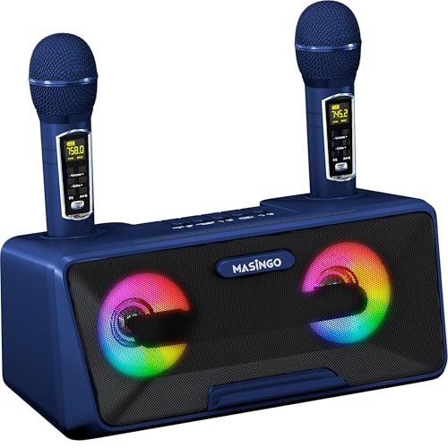 MASINGO Karaoke Machine for Adults and Kids with 2 Wireless Microphones, Portable Bluetooth Singing Speaker, Colorful LED Lights, PA System, Lyrics Display Holder, and TV Cable. Presto G2