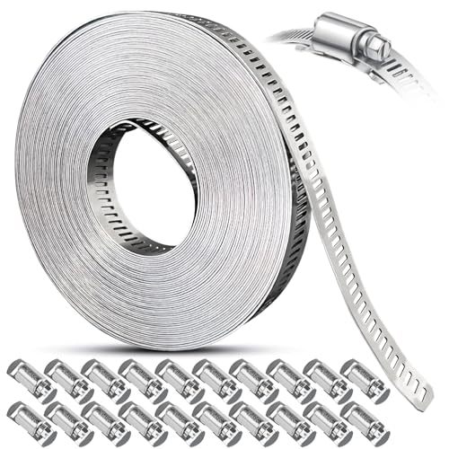 Hose Clamps Assortment Kit, Worm Gear Duct Pipe Hose, 304 Stainless Steel Band Fittings Strap, 32.81FT DIY Large Adjustable Metal Bolt with 20 Stronger Fasteners Screw for Plumbing Auto Tube Fuel Line