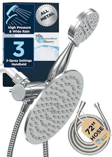 HammerHead Showers Dual Shower Head Combo, 8-Inch Rainfall & 3-Flow Handheld, Chrome, 2.5 GPM