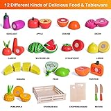 FUN LITTLE TOYS 35PCS Wooden Play Food for Kids Kitchen, Pretend Cutting Food Toys with Wooden Tray, Dishes and Knife for Kids, Pretend Play Food for Christmas Birthday Gifts