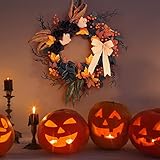 LinTimes Halloween Wreaths for Front Door, 26Inch Ghost Wreath with Ribbon Black Rose Maple Berries Feather for Indoor Outdoor Wall Window Front Door Porch Mantle Halloween Decoration