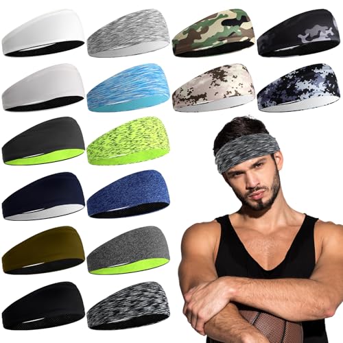 Foaincore 16 Pcs Sports Headbands for Men Breathable Mesh Workout Sweatbands Elastic Moisture Wicking Stretchy Wide Hair Bands for Women Sports Running Basketball Yoga (Classic Style)