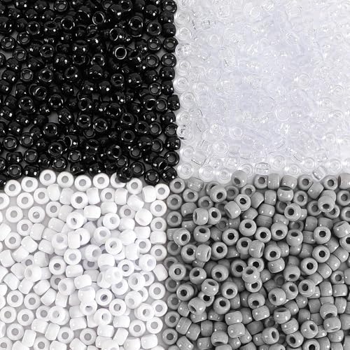 UPINS 1200Pcs Black and White Pony Beads, Halloween Pony Beads Bulk Hair Crafts Grey Transparent Plastic Beads DIY Party Decoration 6 x 9 mm