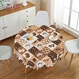 DORCEV Coffee Beans Round Tablecloths Coffee Cup Cartoon Sketch Retro Brown Plaid Printed Tablecloth Waterproof Spill Proof Fabric Table Cloth Cover for Coffee Shop Dining Room Kitchen Decor,60 Inch