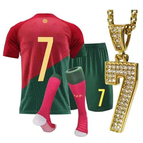 URAISEUS Boy's soccer jersey kids children's sportswear youth football uniforms with socks and #7 necklaces (7-8years/ szie22)