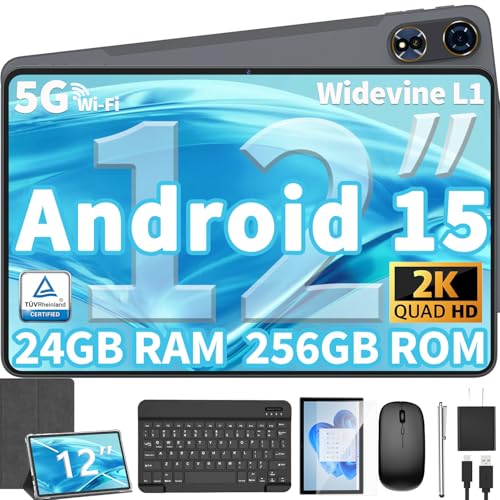 12 Inch Tablet Android 15 Tablets, 2025 Upgraded Android Tablet with Keyboard, 24GB RAM+256GB ROM(1TB Expand), Octa-Core, 2K 2000x1200 Display, 16MP Dual Camera, 8000mAh, 2.4G/5G WiFi, GPS (Silver）