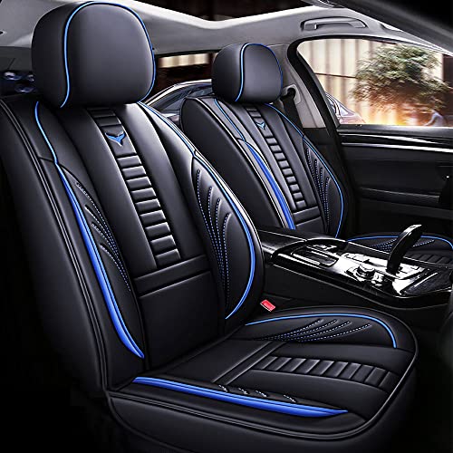 PongChan Waterproof 5 Car Seat Covers for Toyota C-HR 2018-2025, Premium Faux Leather Automotive Front and Back Seat Protectors Compatible with Airbag Black & Blue Line