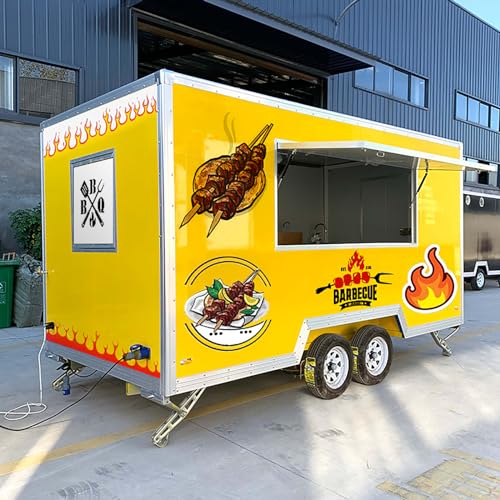 BELYOO BBQ Trailer, Fast Food Trailer foe Sale Mobile Kitchen Trailer with Concession Window, Commercial BBQ Truck Trailer with Porch, Enclosed Street Food Trailer Caravan for Business