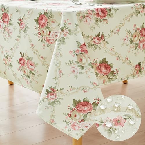 Vintage Floral Rectangle Tablecloth Shabby Chic Flower Table Cloth Spring Table Cover Waterproof for Dinner Kitchen Picnic, Pink, 60x84 Inches