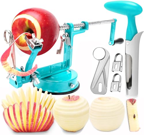 Apple Peeler Corer, 5 In 1 Apple Peeler Slicer Corer with Stainless Steel Blades and Powerful Suction Base for Apples and Potatoes(Teal)