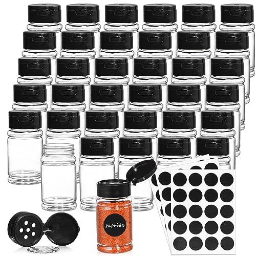 Tosnail 36 Pack 2.7 Oz Small Plastic Spice Bottles with Black Shaker Lids and Labels, Empty Plastic Jars with Lids, Seasoning Shaker Containers for Travel, Camping, Glitter, Gift, Party Favors - Clear
