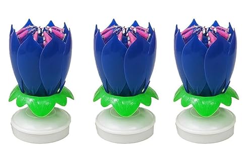 PMU 3 Pcs Birthdays Lotus Flower Musical Birthday Candle Spinning Birthday Cake Decoration - Blue