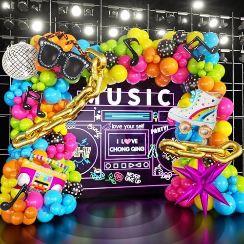 90s 80s Disco Theme Party Decorations, 171Pcs Balloon Arch Kit with Retro Disco Ball Radio Glasses Roller Skate Musical Note Chain Star Foil Balloons for Back to 90s 80s Hip Hop Birthday Supplies