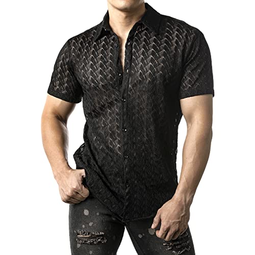 JOGAL Mens Floral Lace Shirt See Through Casual Button Down Shirts BlackWave Large