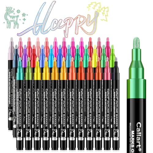 Caliart Easter Basket Stuffers, 36-Color Shimmer Double-Line Drawing Doodle Outline Markers, Teen Girl Gifts Trendy Stuff, Glitter Pens Set Classroom Art Supplies for 4-6-8-10-12 Year Old