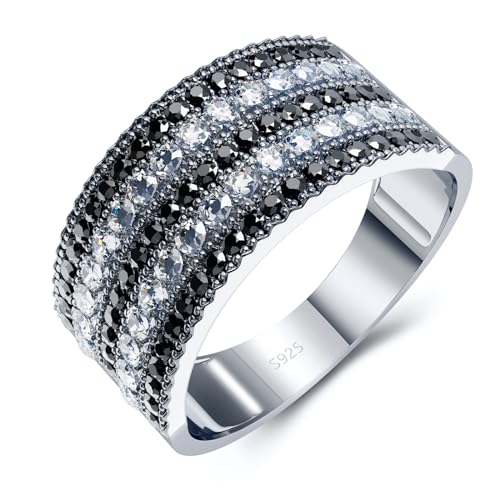 A ANGG 925 Sterling Silver Women Rings with White Cubic Zirconia and Black Spinel High Polish Vintage Statement Rings for Women Girls as Gifts Size 6-10