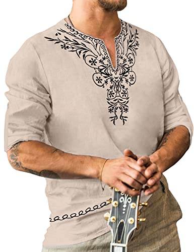 JoZorro Linen Outfit - Long Sleeve Henley Shirts, African Shirts Thobe, Islam Mens V Neck T Shirt, African Dress Shirt, Dashiki Outfit, Half Long Sleeve Shirt - Beige