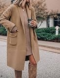 Hooever Women's Long Cardigan Wool Coat Open Front Pockets Warm Lapel Jacket Coat Fall Outerwear (Khaki-S)