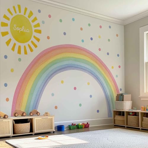 Watercolor Rainbow, Sun, Polka Dots Wall Decal for Kids Room, Nursery, Baby Room Wall Decor, Polka Dots Wall Mural, Rainbow Wallpaper, Full Rainbow Wall Decal (Rainbow-Sun-Polkadots, XXLarge)