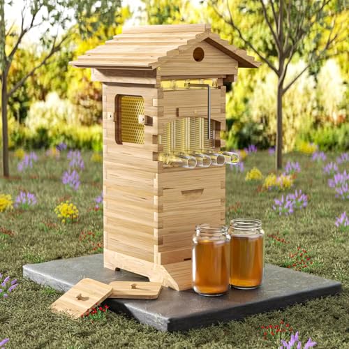 ACORNS Flowing Honey Bee Hive Box Starter Kit, with 4 Beehive Frames, 6 Brood Frames,Built-in Honey Extraction System System for Backyard Beekeeping（Log Color）