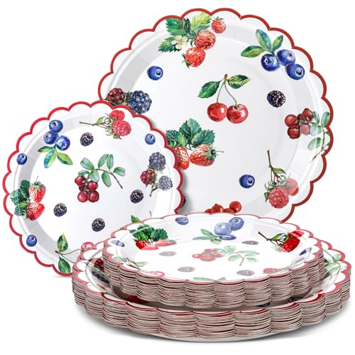 Havawish 60 Pcs Berry Paper Plates Sweet Disposable Paper Plates Party Decoration Summer Strawberry Blueberry Fruit Party Supplies for Dinner Sweet Birthday Baby Shower Decorations