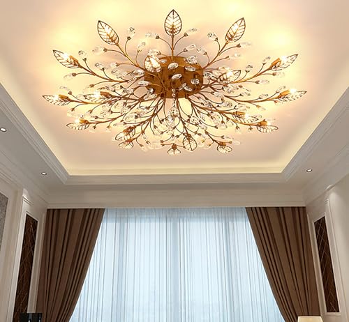 Modern Crystal Ceiling Light Fixture,Gold Semi Flush Mount Chandeliers,Crystal Leaf Ceiling Lighting,Pendent Lamp for Dining Room,Living Room,Bedroom (Gold, 15-Light)