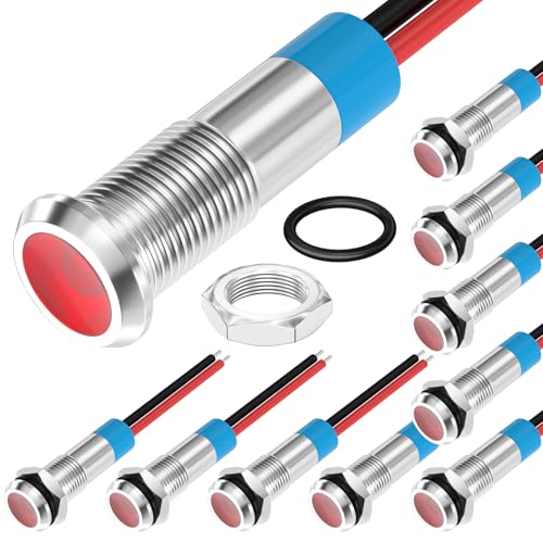 DAIERTEK LED Indicator Light 12V Red LED 6MM Metal Waterproof 12 Volt Indicator Light 1/4" Flat Head Pilot Light Panel Mount with Wire for Automotive Car -10Pcs