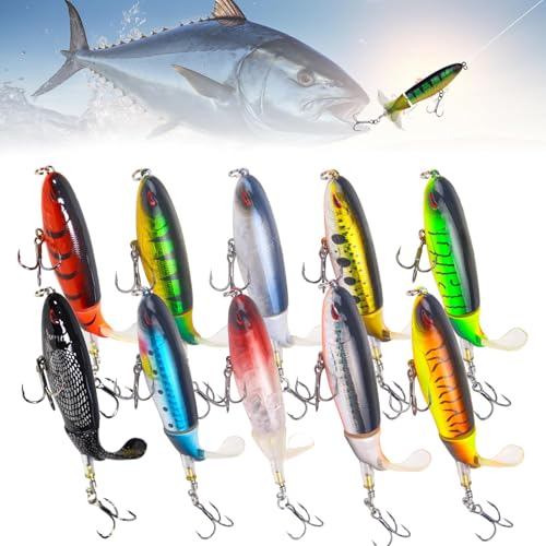 Whopper Fishing Lure for Popper, 5/10Pcs Top Water Bass Fishing Lures with Storage Box, Floating Pencil Bait for Bass, Freshwater Saltwater Plopping Lures with Treble Hooks (10 PCS)