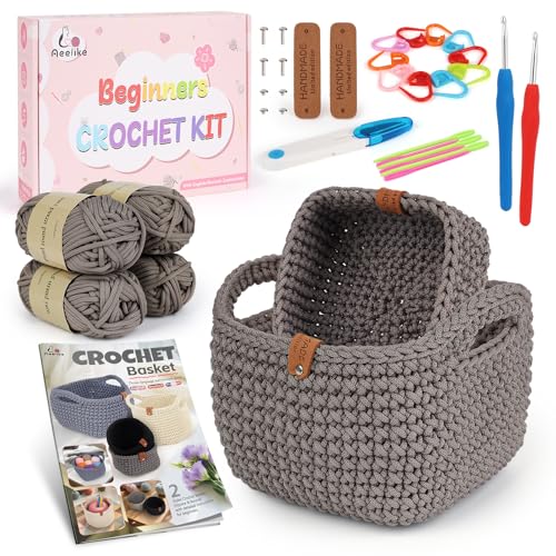 27PCS Crochet Basket Kit for Beginners (L&S), Complete Crocheting Basket for Storage, Knitting Starter Set with Instruction, Beginner Crochet Kit for Adults Kids, Crocheting Gift for Home Decor