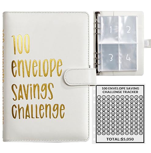 100 Envelopes Money Saving Challenge, 100 Envelope Challenge Binder, Easy and Fun Way to Save $5,050, Savings Challenges Budget Book Binder with Cash Envelopes for Office,Home,School (White)