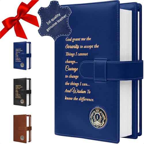 GALILEO® Genuine Leather Double AA Big Book Cover & 12 Steps & 12 Traditions | Medallion Holder | AA Gift | Alcoholics Anonymous | AA Book Covers (Genuine Leather, Navy Blue/Serenity Prayer)
