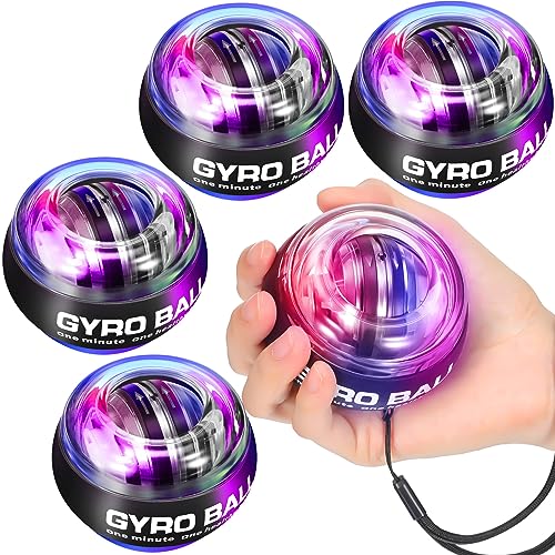 Glimin 4 Pcs Wrist Trainer Ball Auto Start Hand Gyro Ball Wrist Strengthener Self Starting Forearm Exerciser with Bag and Strap for Strengthening Arms Fingers Wrist Training (Black,Lighted)