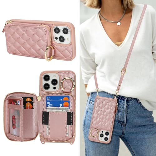 Hamany for iPhone 13 Pro Max Case Wallet with Card Holder for Women,for iPhone 13 Pro Max Phone case Wallet with Strap Credit Card Slots Crossbody with Kickstand Zipper Case-Rose Gold