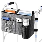 Rhino Valley Walker Bag, Multi Pockets Folding Walker Basket Tote Bag with Cup Holder, Hand-free Carry Pouch Storage Bag for Universal Walkers, Large Capacity Organizer for Seniors Elderly, Gray