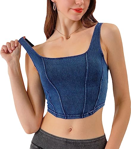 Yvipette Women’s Slim Cropped Denim Vest Stretchy Scoop Neck Pullover Jean Sports Bra Tank Top(0015-DarkBlue-M)