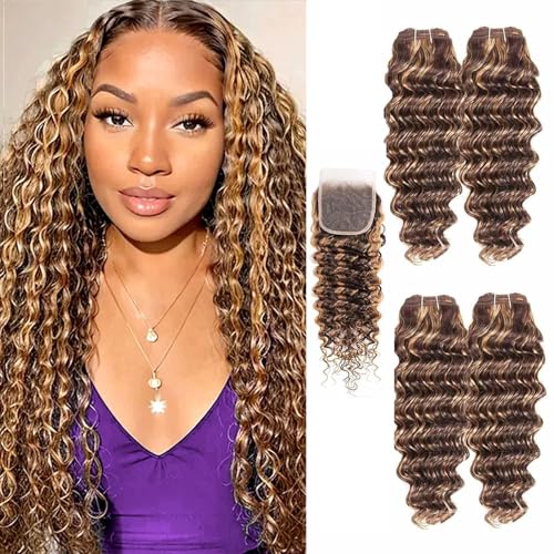 Deep Wave Bundles with Closure(14 16 18 20+14inch),10a Brown Highlight Bundles Human Hair with Closure 4/27 Blonde Brown Deep Curly Wave Bundles Hair with Lace Closure