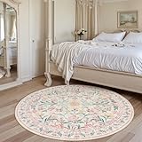 Wonnitar Washable Round Rugs 6ft, Pink Floral Circle Rug Large Round Carpet for Bedroom, Boho Soft Ultra-Thin Circular Carpets for Kids Playroom Living Room Nursery