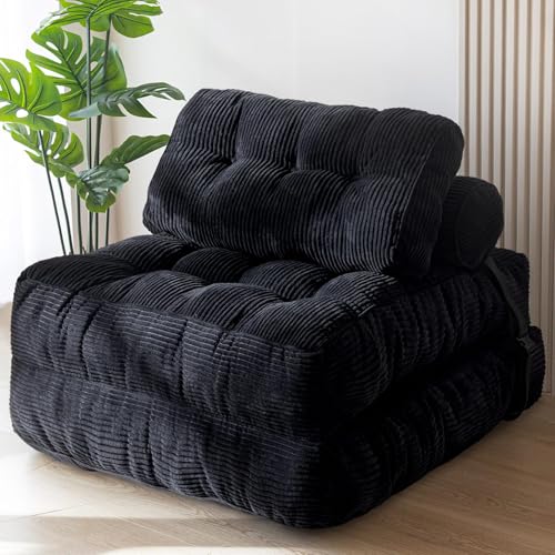 MAXYOYO Folding Sofa Bed, Convertible Sleeper Chair with Pillow Foldable Mattress with Back Support, Portable Fold Out Chair Bed Comfy Floor Sofa Lounge for Living Room Bedroom, Black, Single