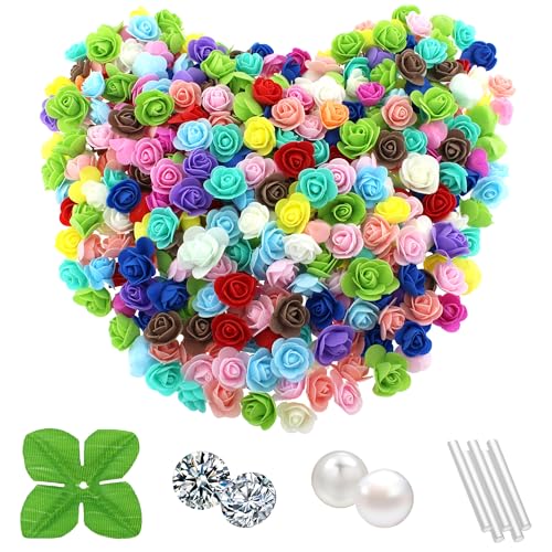 Vignor 500 Pcs 1.4 Inch Mini Artificial Flowers Head Bulk 5 in 1 Set Faux Foam Fake Small Rose Tiny Baby Flores Bouquet Cake Gift Home Decoration DIY Craft (Multiple Mixed Color)