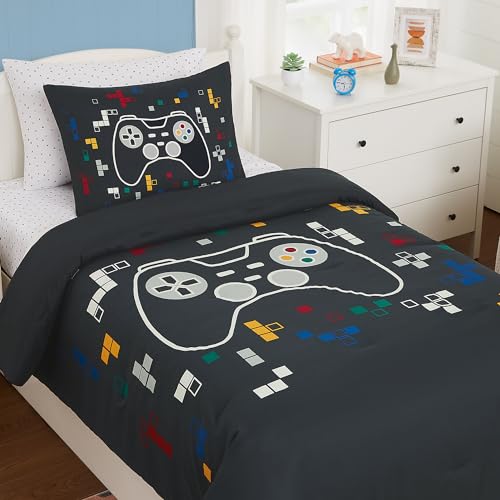 Kaleido Space Twin Kids Comforter Set - 5 Pieces Twin Bedding Sets for Boys Girls Teen, Glow in The Dark Gamer Bed in A Bag with Sheets